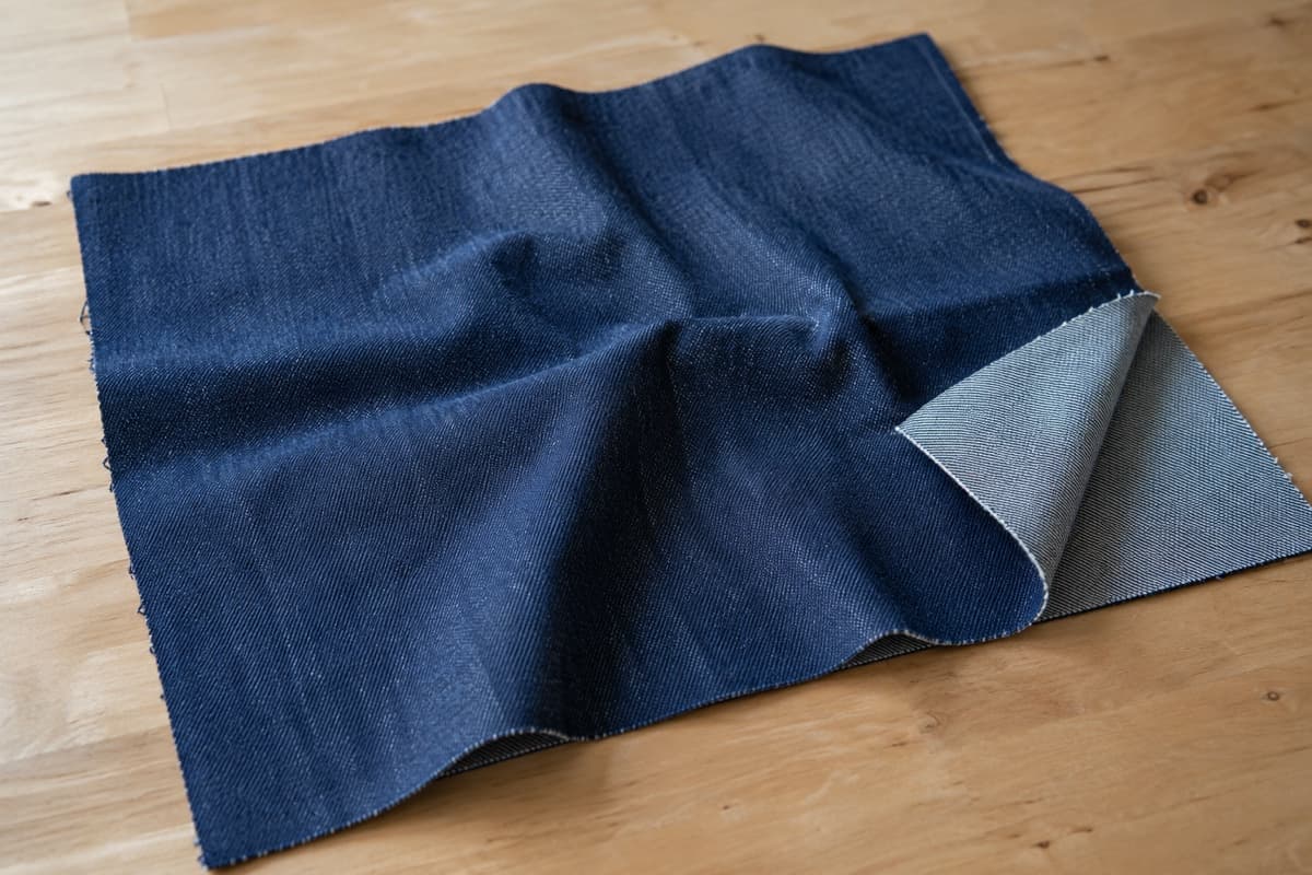 เนื้อผ้า Jeans (ผ้ายีนส์ เดนิม) ที่ใช้ผลิตหมวก ถ่ายมาโครเห็นโครงสร้างการทอ