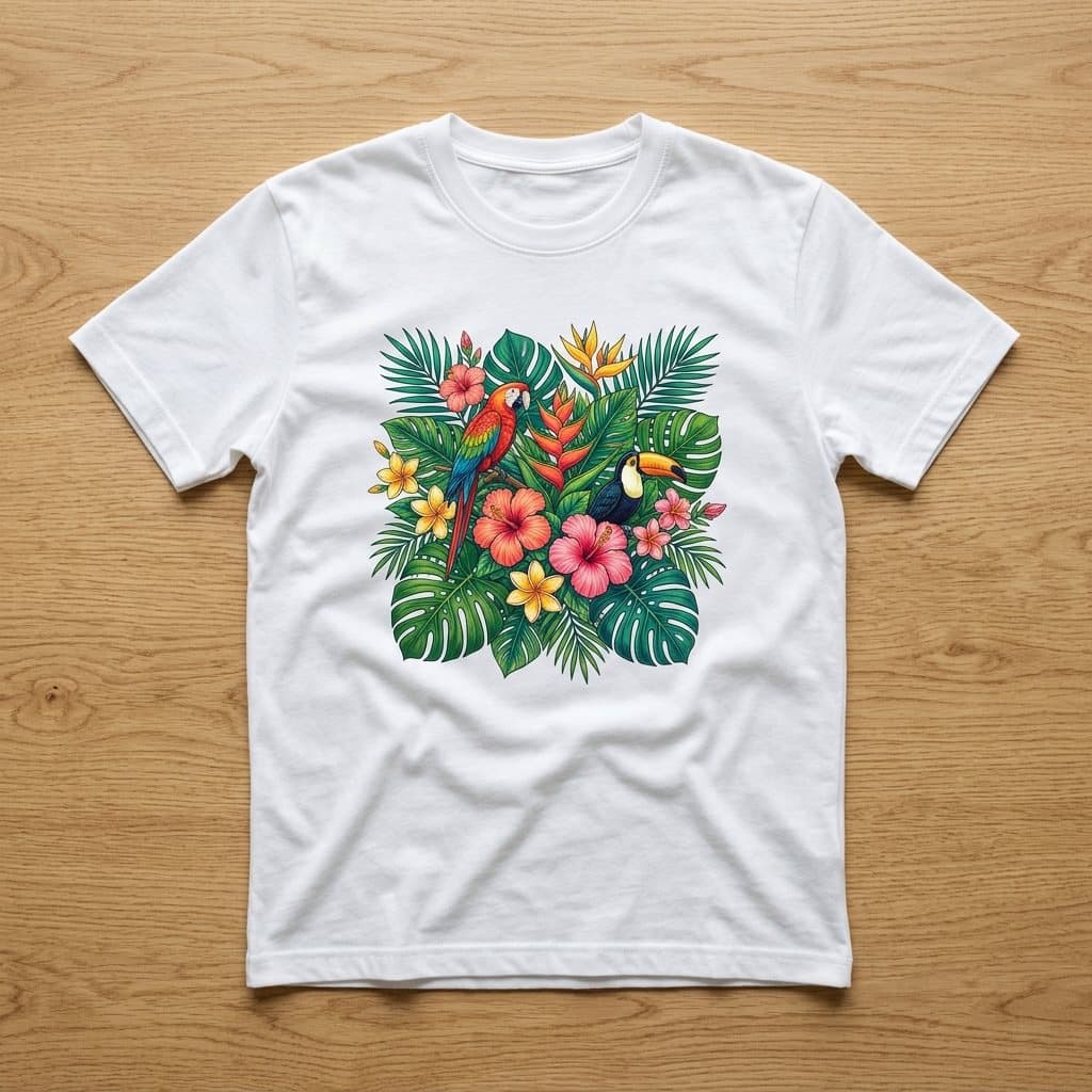ตัวอย่างลายพิมพ์ DFT หลายสี ลายใบไม้และนกเขตร้อนบนเสื้อยืดสีขาว (ภาพจำลอง)
