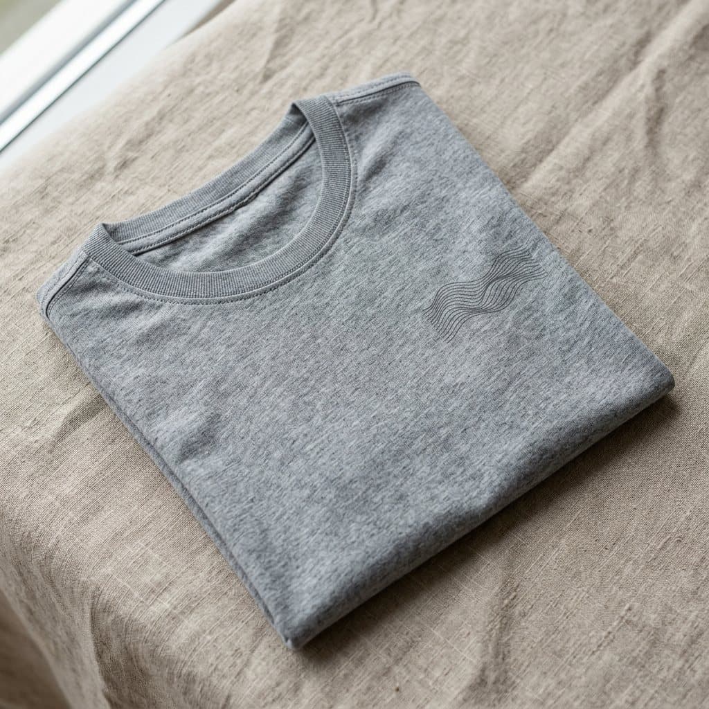 ตัวอย่างเสื้อยืด Cotton 100% สีเทาท็อป สกรีนลายคลื่นโทนเดียวกับผ้า (ภาพจำลอง)