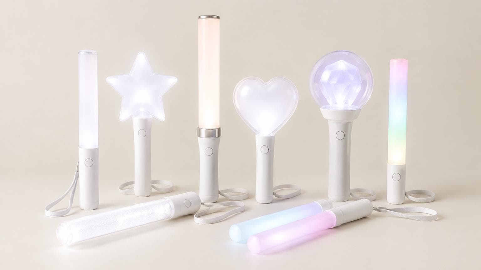 แท่งไฟ LED เลือกยังไง ดูแท่งไฟหลายแบบวางเรียงอย่างเป็นระเบียบบนพื้นหลังเรียบสีครีม