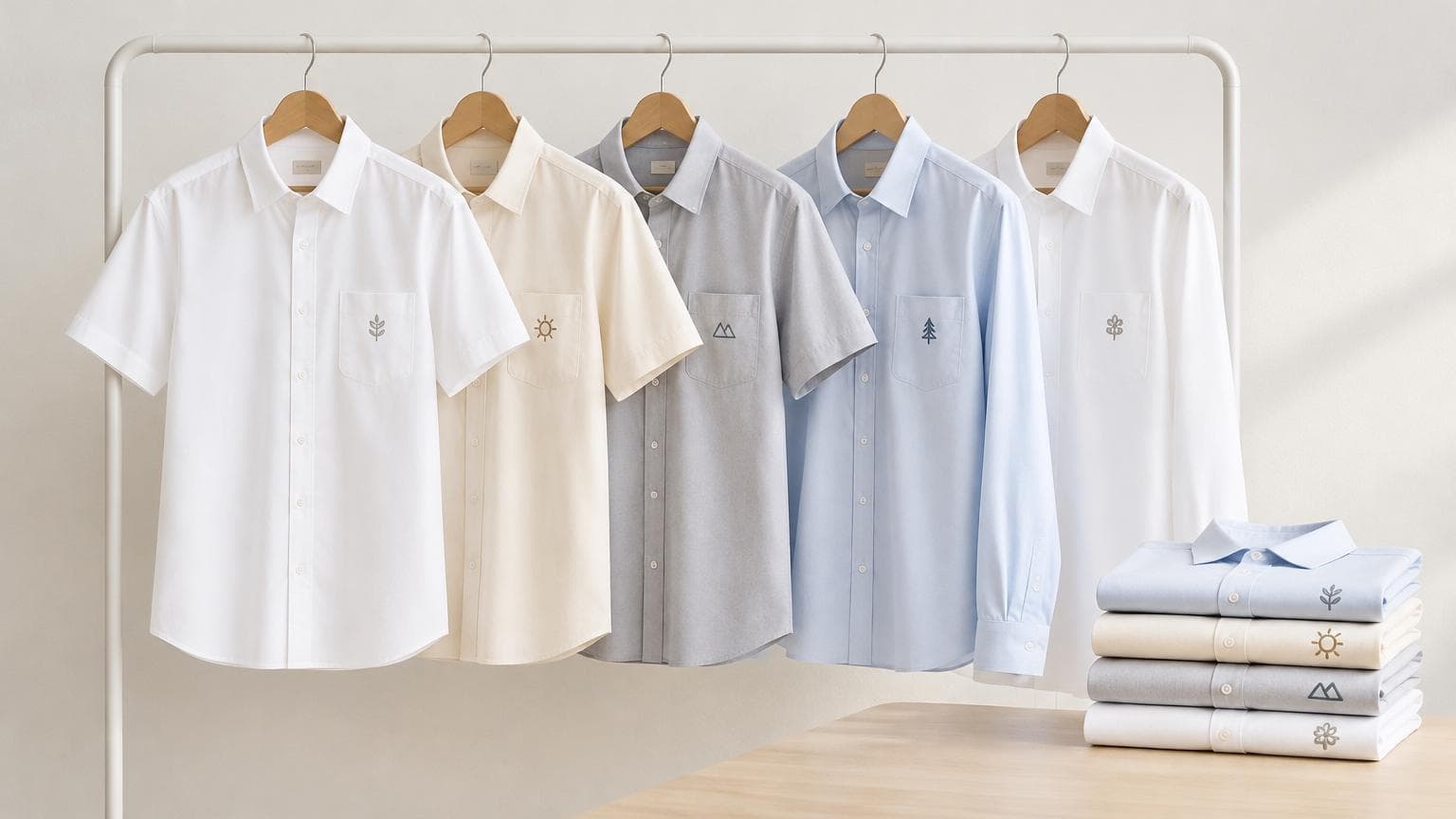 เสื้อเชิ้ตยูนิฟอร์ม แขนสั้น แขนยาว หลายแบบแขวนและพับเรียงบนพื้นหลังเรียบโทนครีม