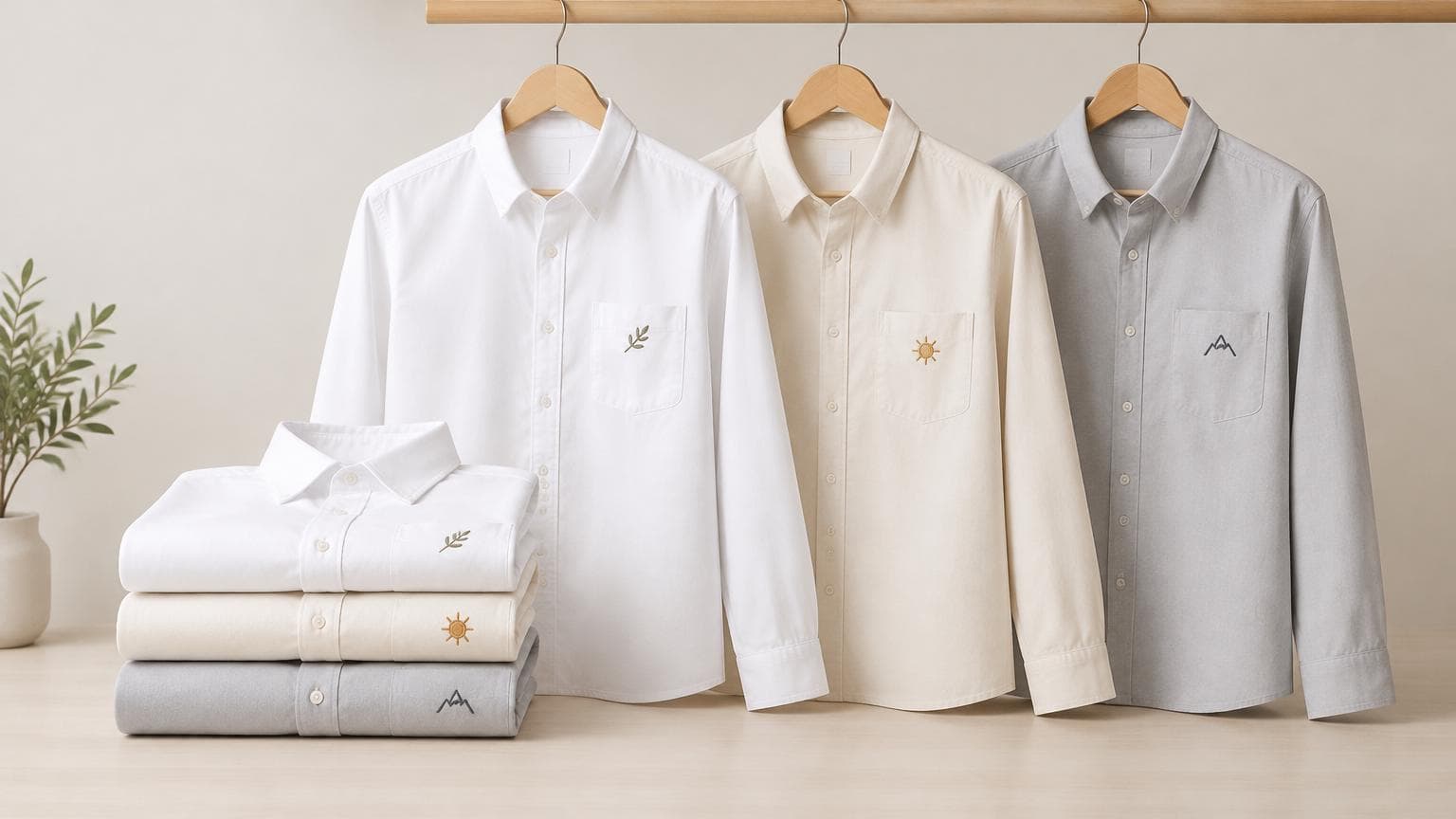 เสื้อเชิ้ตยูนิฟอร์มพนักงานหลายแบบแขวนและพับเรียงเป็นระเบียบ เหมาะกับการสั่งทำเสื้อเชิ้ตยูนิฟอร์มปักโลโก้