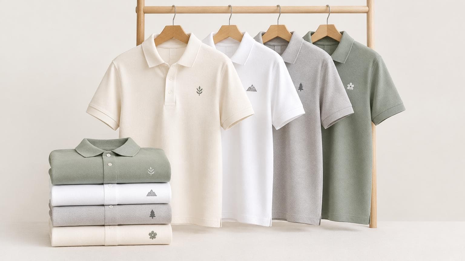 เสื้อโปโลปักชื่อพนักงาน แขวนและพับเรียงหลายสีโทนนุ่มบนฉากเรียบ ปักเล็กๆ ที่อกซ้าย