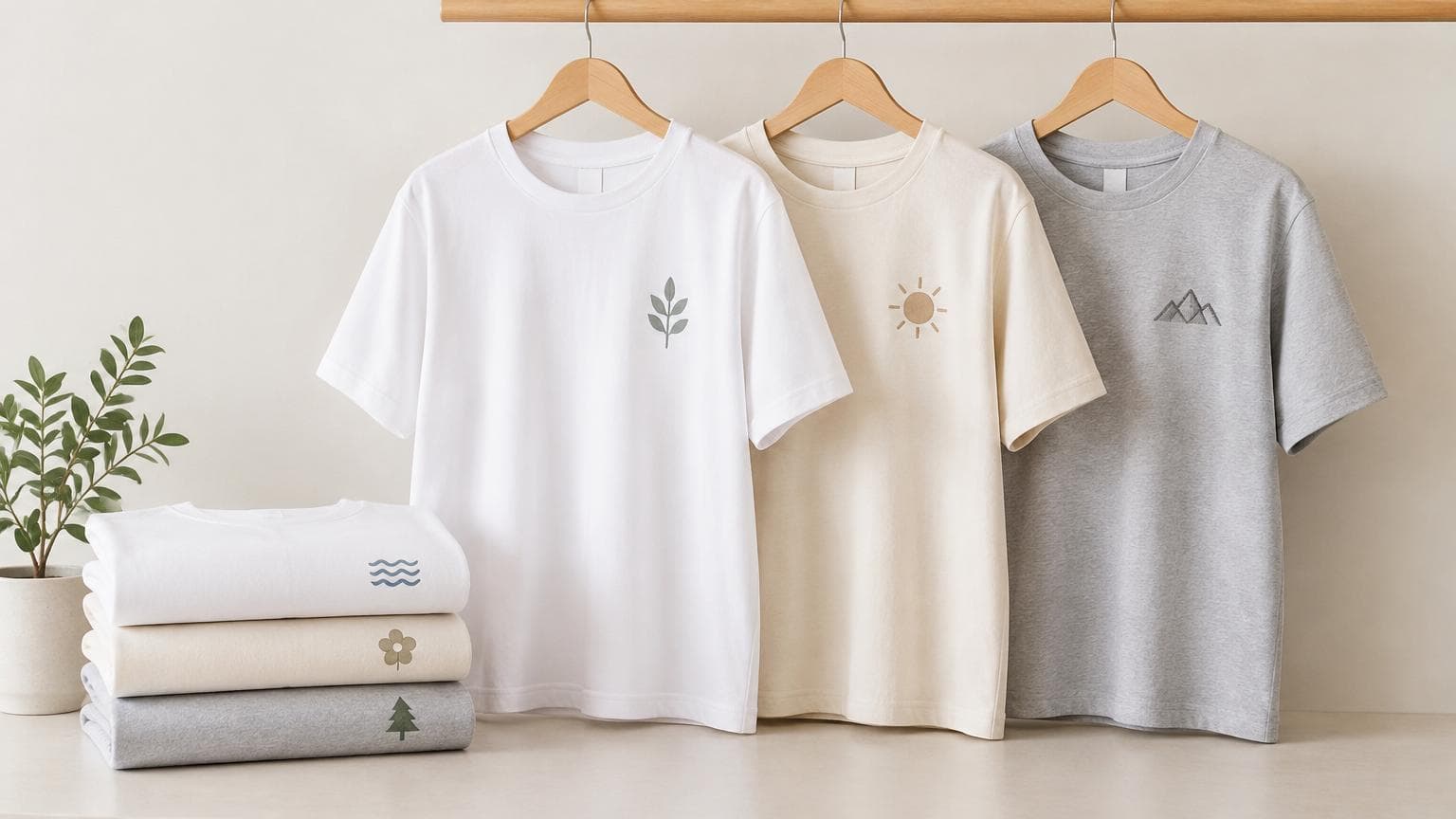 เสื้อยืดสีขาวและครีมพับวางเรียงกับเสื้อที่แขวนไว้ มีลายสกรีนเรียบๆ ต่างกัน สื่อถึงไฟล์งานสกรีนเสื้อที่พร้อมผลิต