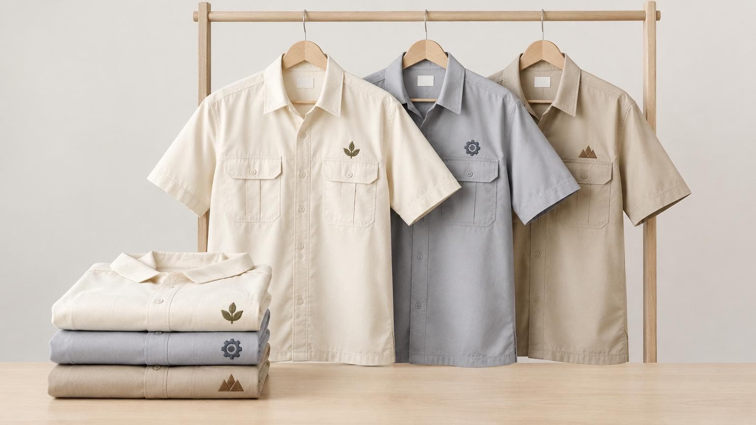 เสื้อช็อปหลายตัวแขวนและพับเรียงในฉากเรียบ ใช้เป็นภาพประกอบเสื้อช็อปปักชื่อแผนก