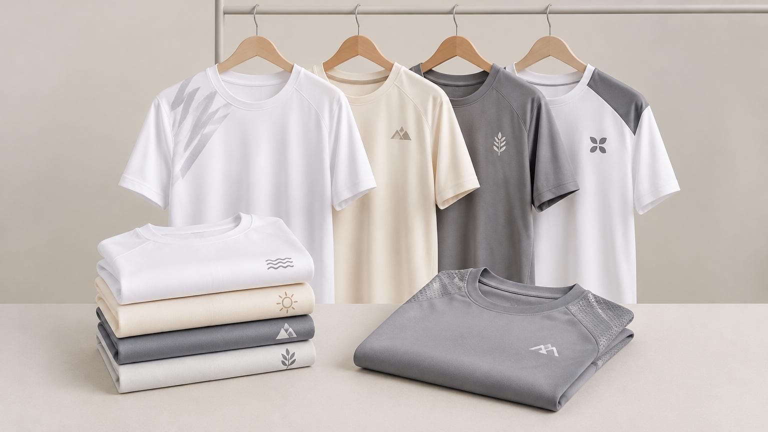 เสื้อกีฬาหลายตัวแขวนและพับเรียงเป็นระเบียบ สำหรับงานสกรีนชื่อเบอร์หลังเสื้อกีฬาของทีมองค์กร