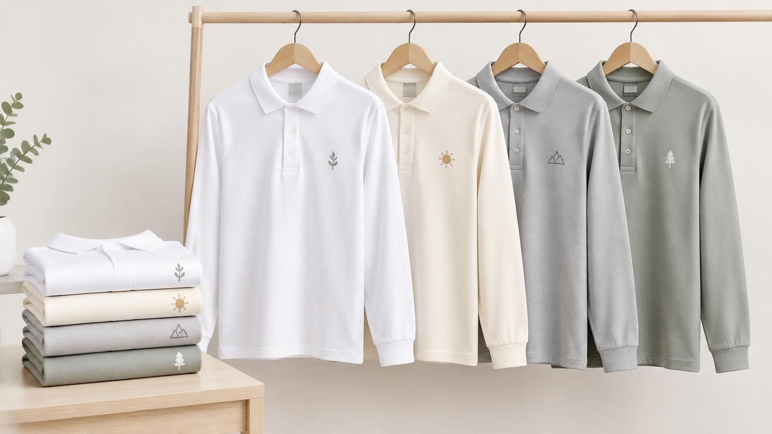 เสื้อโปโลแขนยาวยูนิฟอร์มหลายสีโทนนุ่มจัดแขวนและพับวางเรียงอย่างเป็นระเบียบ เหมาะกับงานกลางแจ้ง