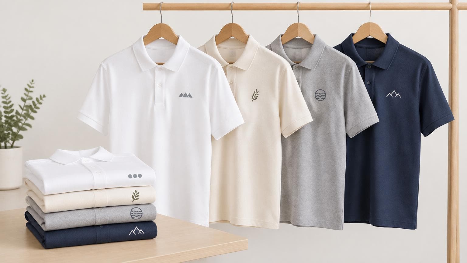 เสื้อโปโลยูนิฟอร์มบริษัทหลายสีโทนนุ่มแขวนและพับเรียงเป็นระเบียบ สำหรับสั่งทำเสื้อโปโลบริษัท ขั้นต่ำ