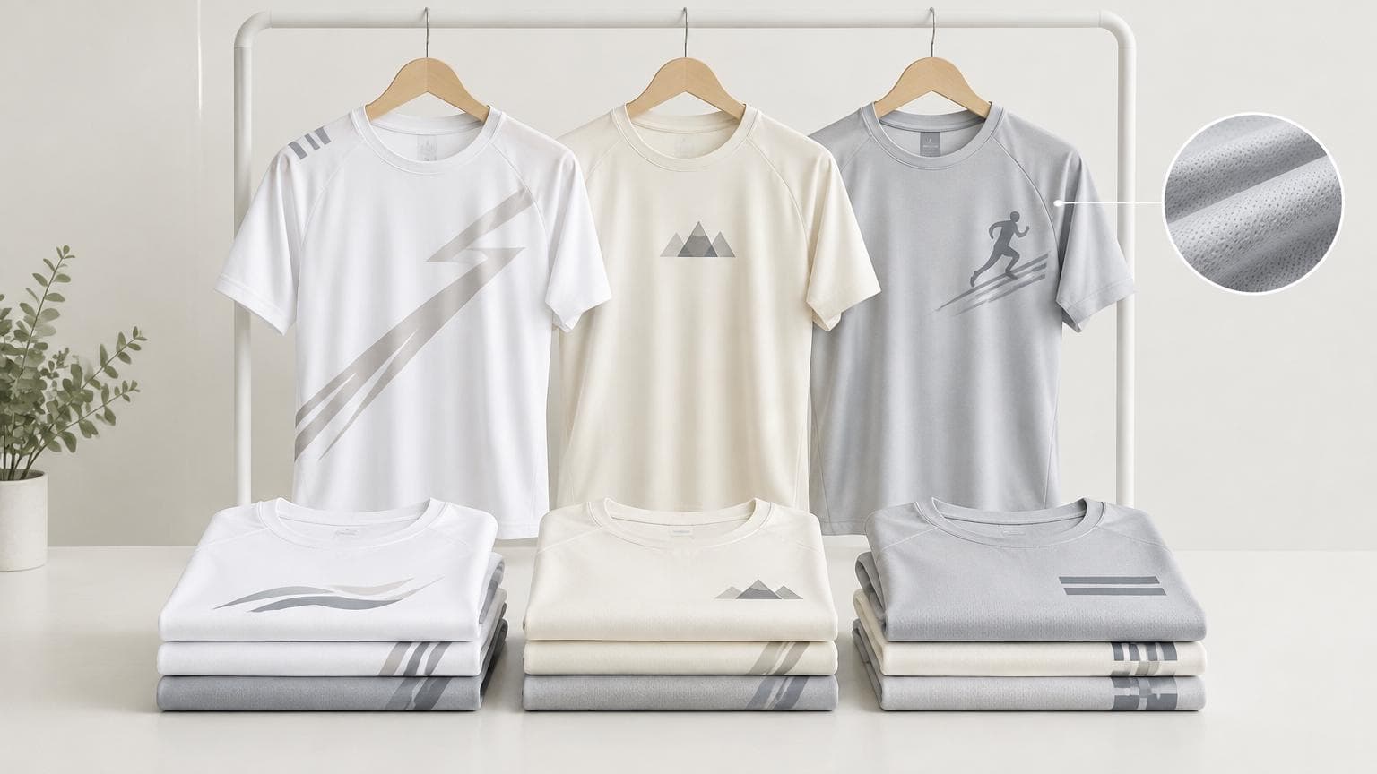 เสื้อวิ่งงานองค์กร สั่งทำ หลายแบบแขวนและพับวางเรียงอย่างเป็นระเบียบบนฉากเรียบ