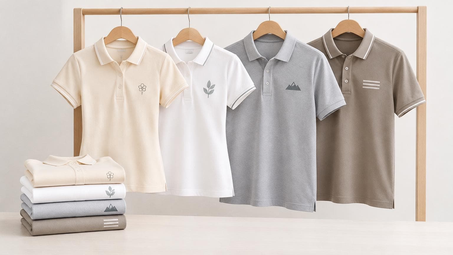 เสื้อโปโลทรงผู้หญิงและทรงผู้ชายสีนุ่มแขวนและพับวางเรียงเทียบกันบนฉากเรียบง่าย