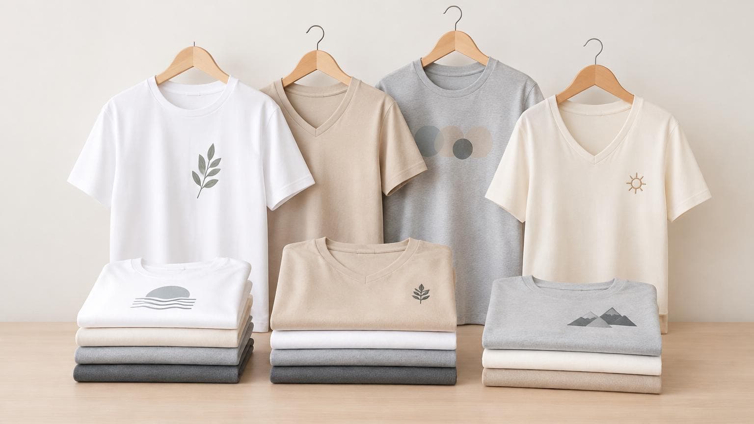 เสื้อยืดคอกลม คอวี ยูนิฟอร์ม แขวนและพับเรียงหลายแบบในโทนสีขาว ครีม และเทา