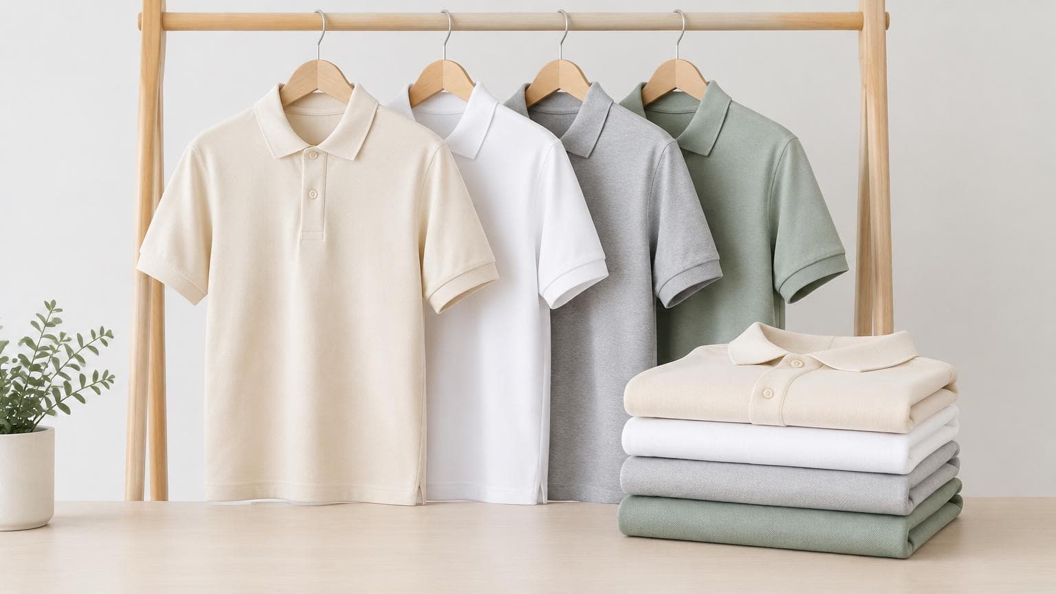 เสื้อโปโลยูนิฟอร์มหลายสีโทนนุ่มแขวนและพับเรียงเป็นระเบียบ ประกอบบทความเรื่องเสื้อโปโลหดไหม