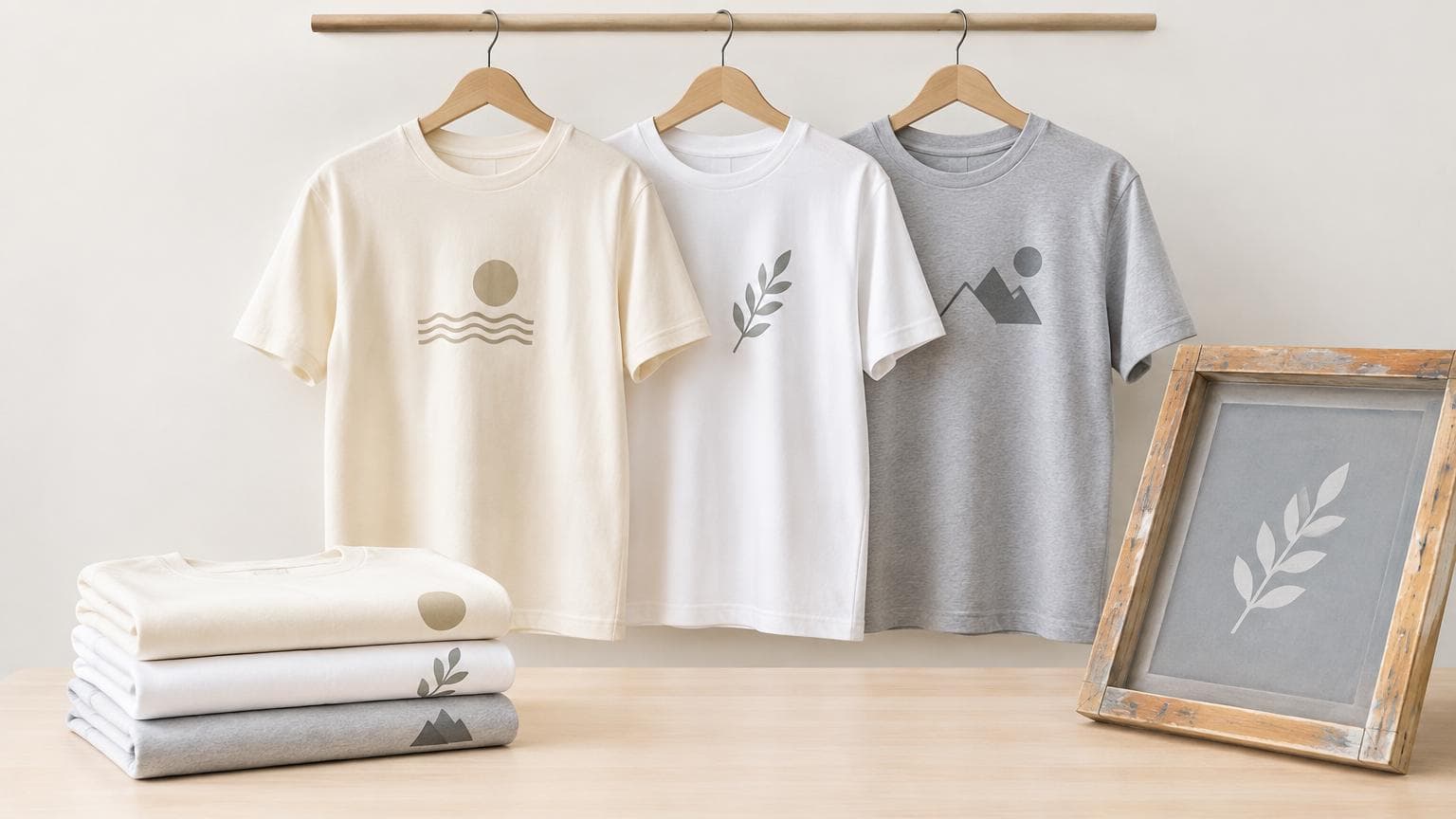เสื้อยืดสีครีมและสีเทาพับเรียงพร้อมบล็อกสกรีนไม้ ภาพประกอบเรื่องค่าบล็อกสกรีนเสื้อ