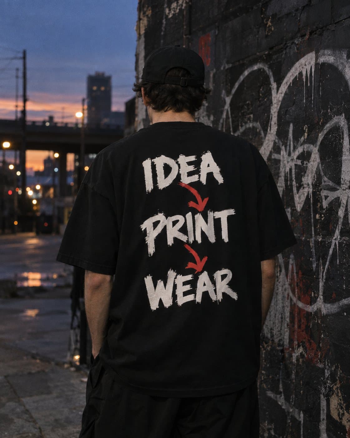 ชายสวมเสื้อยืดสีดำ สกรีนคำว่า IDEA PRINT WEAR ด้านหลัง