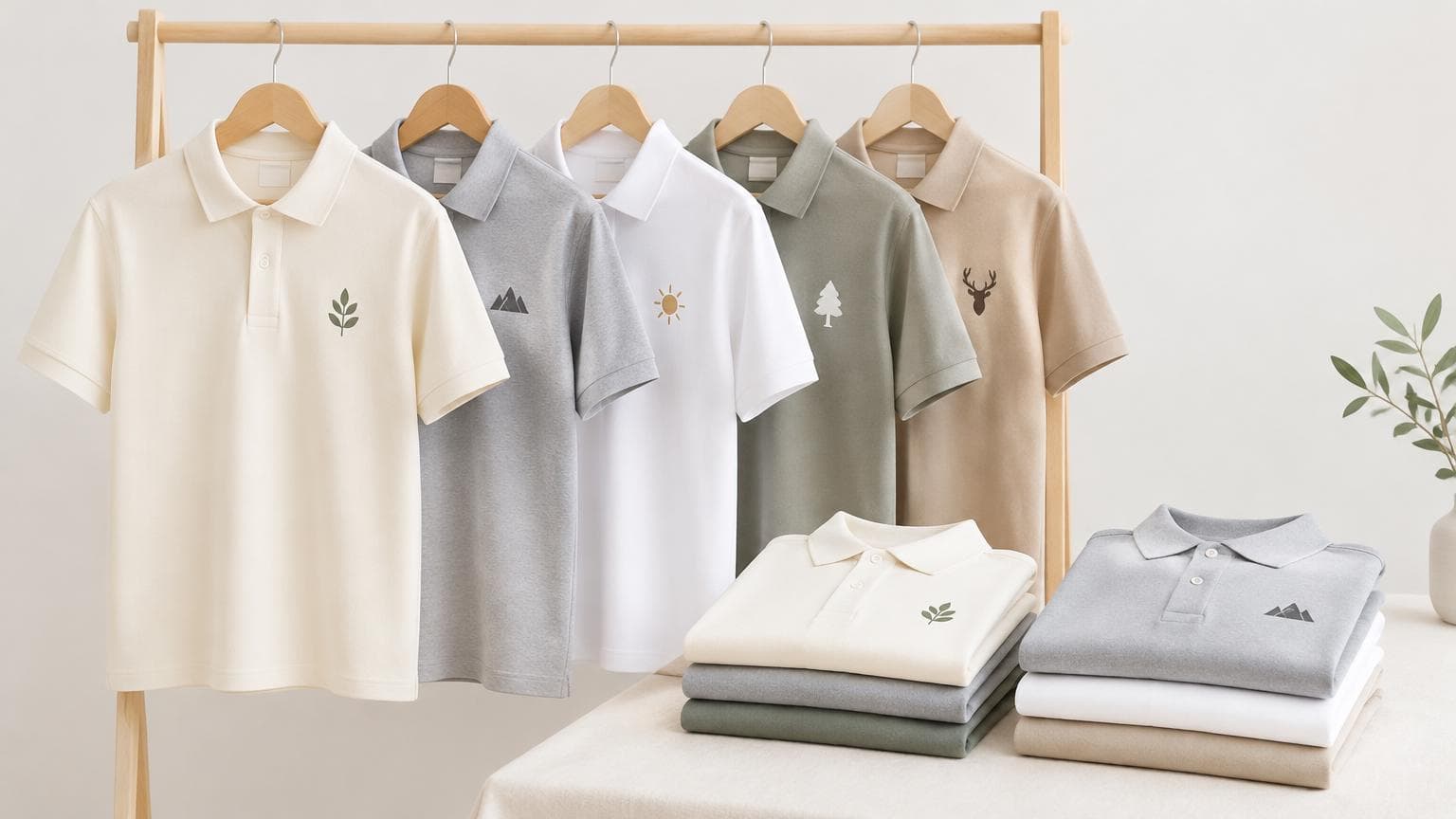 เสื้อโปโลยูนิฟอร์มหลายสีแขวนและพับเรียงเป็นระเบียบ สำหรับสั่งเสื้อโปโลเพิ่มรอบสอง