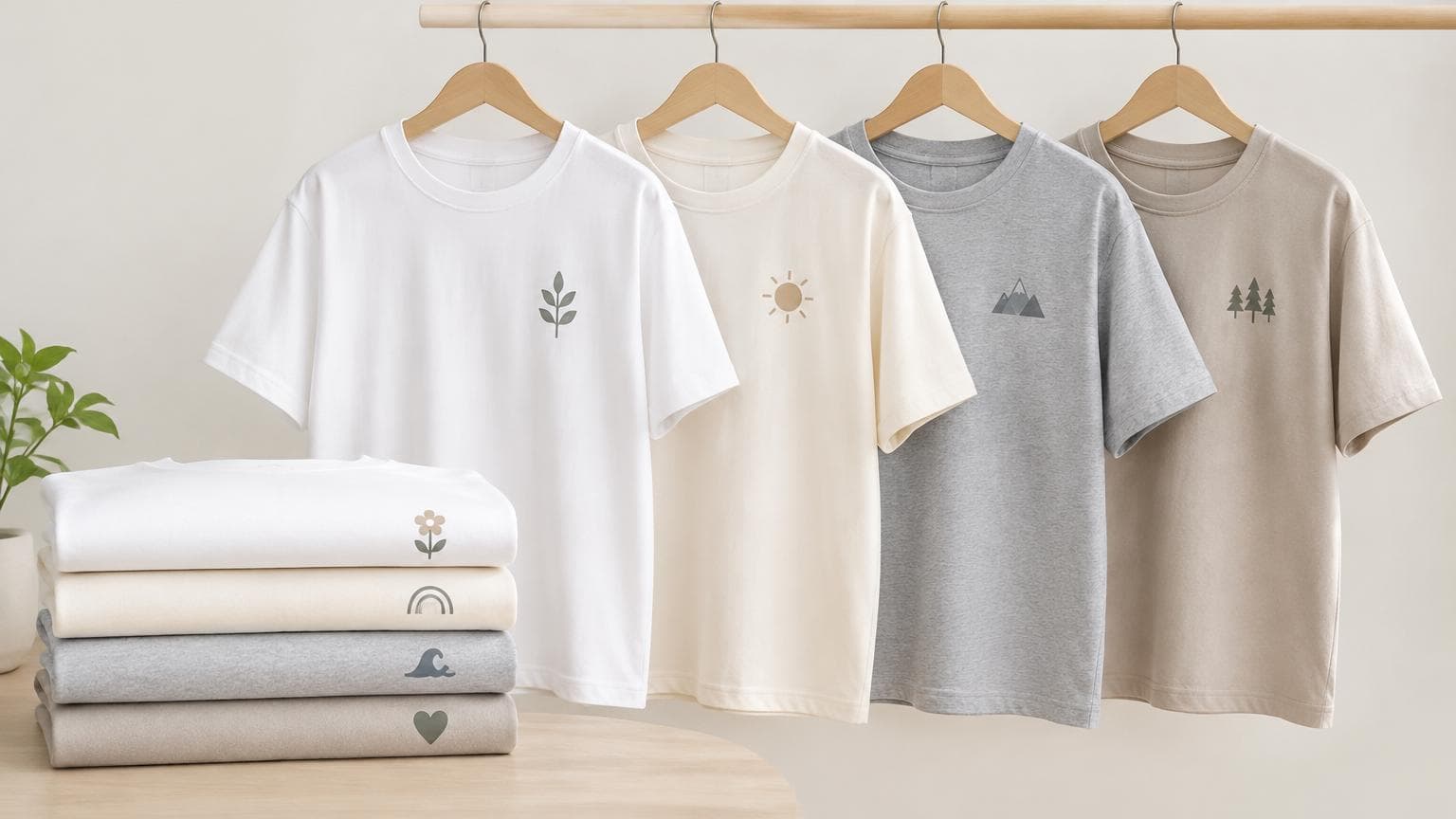 เสื้อยืดหลายแบบแขวนและพับวางเรียงอย่างเป็นระเบียบ เหมาะกับการออกแบบเสื้อยืดสำหรับแบรนด์และองค์กร