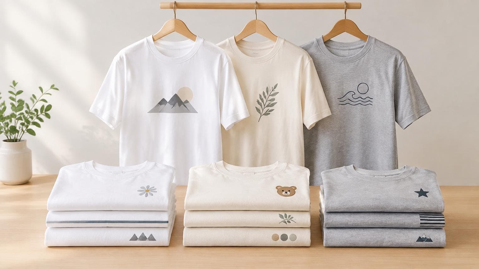 เสื้อยืดยูนิฟอร์มสกรีนลายเรียบๆ พับและแขวนเรียงอย่างเป็นระเบียบ เหมาะกับหัวข้อซักเสื้อสกรีน ไม่ให้ลอก