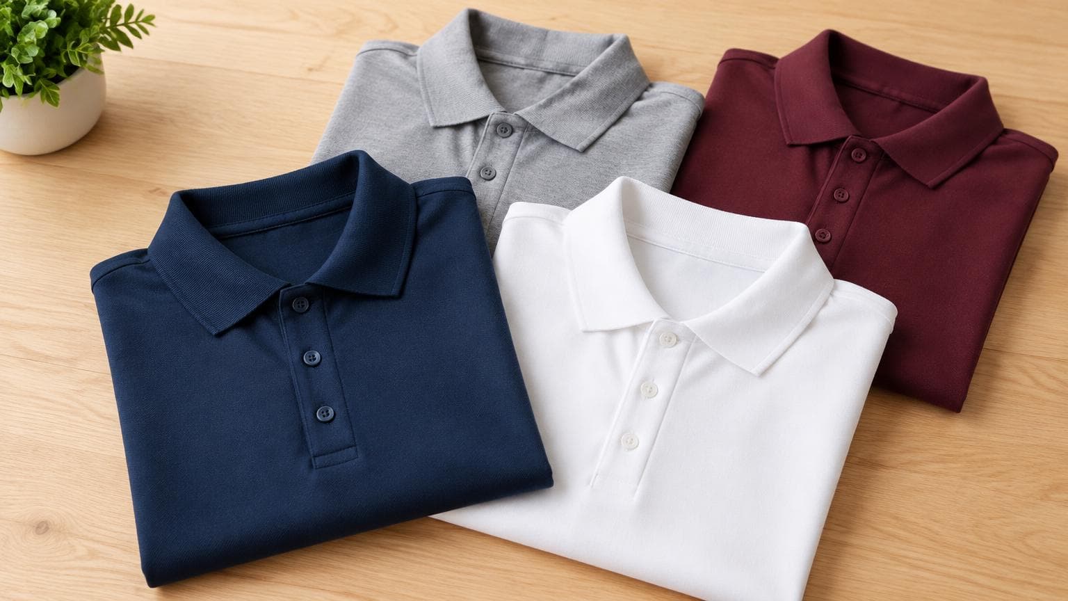 เสื้อโปโลเลือกอย่างไง ตัวอย่างเสื้อโปโลหลายสีพับเรียงบนโต๊ะ เห็นเนื้อผ้าและปกเสื้อชัดเจน