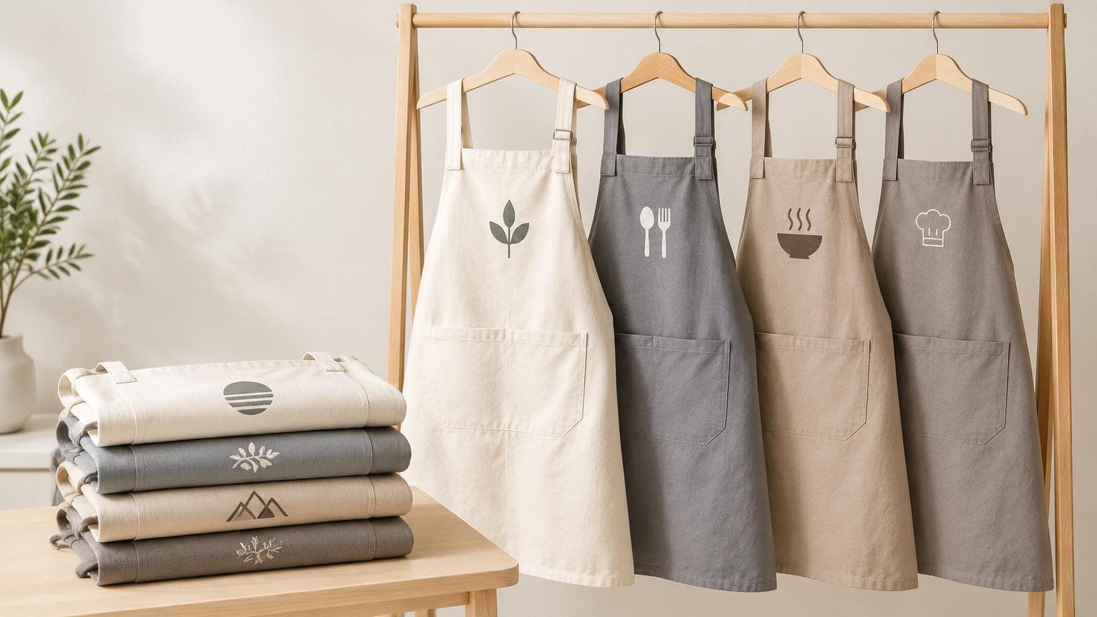 ผ้ากันเปื้อนยูนิฟอร์มร้านอาหารหลายสีพับและแขวนเรียงสะอาด สำหรับคู่มือซักผ้ากันเปื้อนยังไงให้ลายสกรีนทน