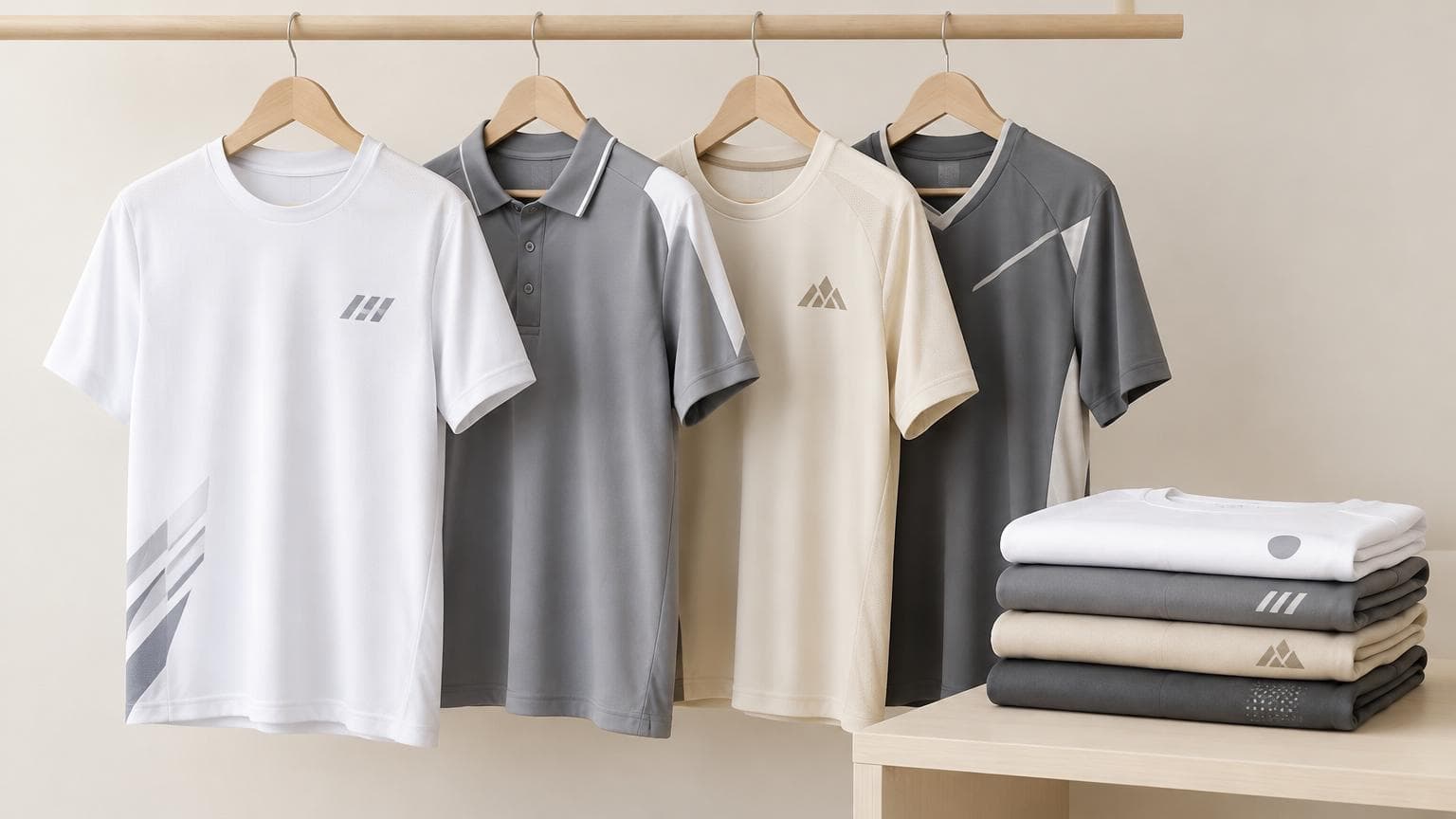 เสื้อกีฬาหลายแบบแขวนและพับเรียงอย่างเป็นระเบียบ เหมาะกับการสั่งทำเสื้อกีฬา ขั้นต่ำตามจำนวนที่ต้องการ