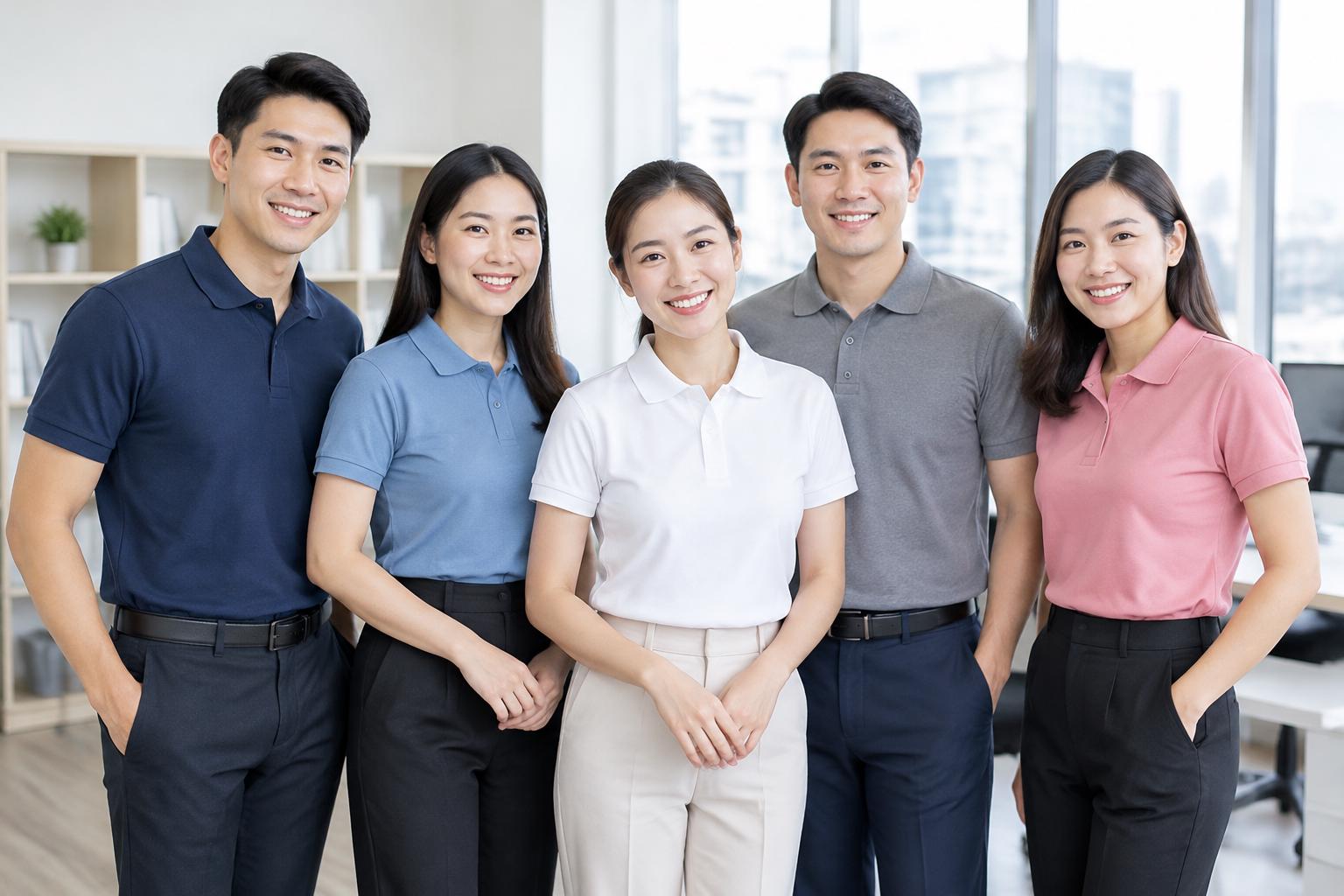 กลุ่มพนักงานชายหญิงสวมเสื้อโปโลยูนิฟอร์มสีเดียวกันยืนยิ้มในออฟฟิศ