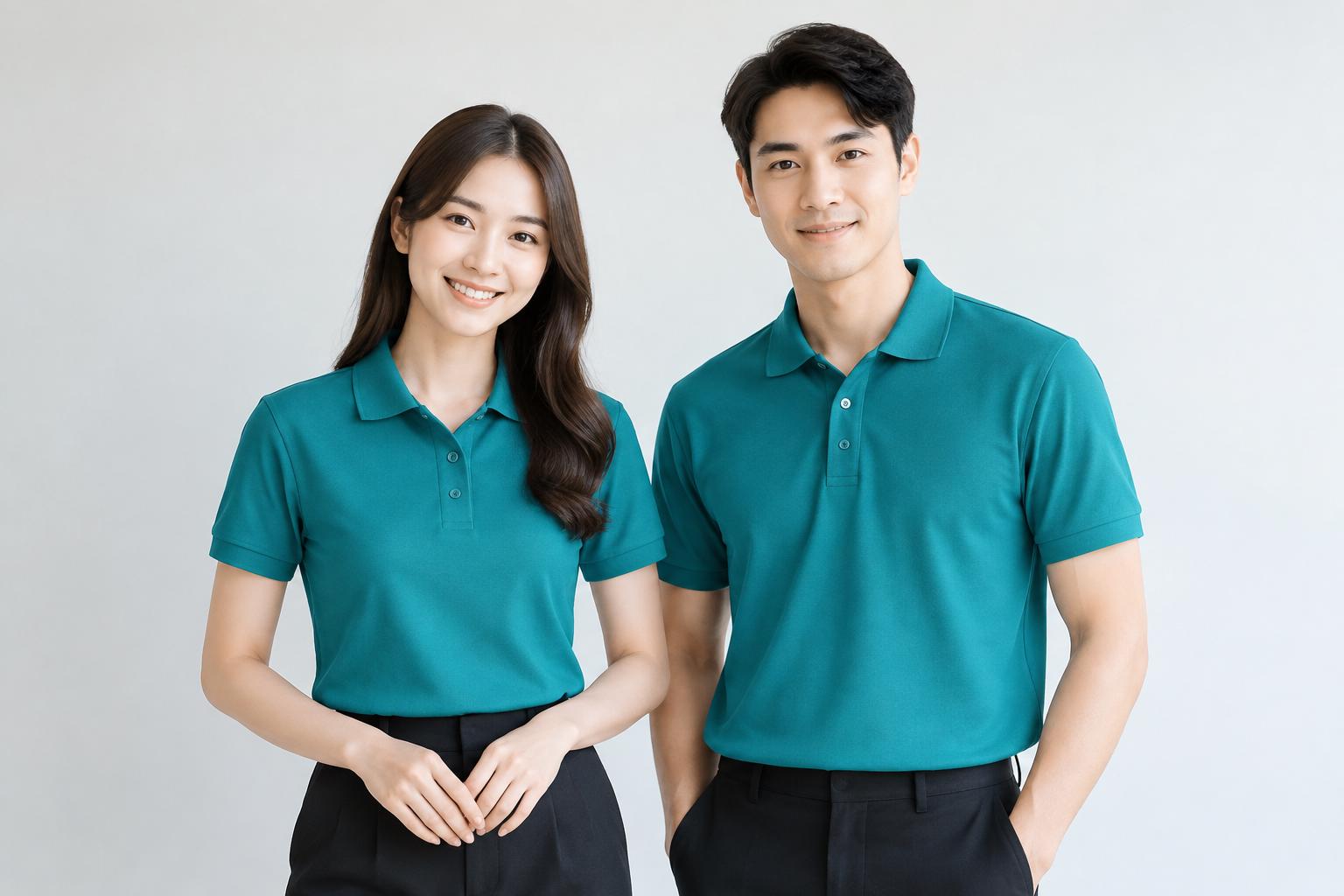พนักงานหญิงและชายสวมเสื้อโปโลยูนิฟอร์มสีเดียวกันยืนในออฟฟิศสว่าง