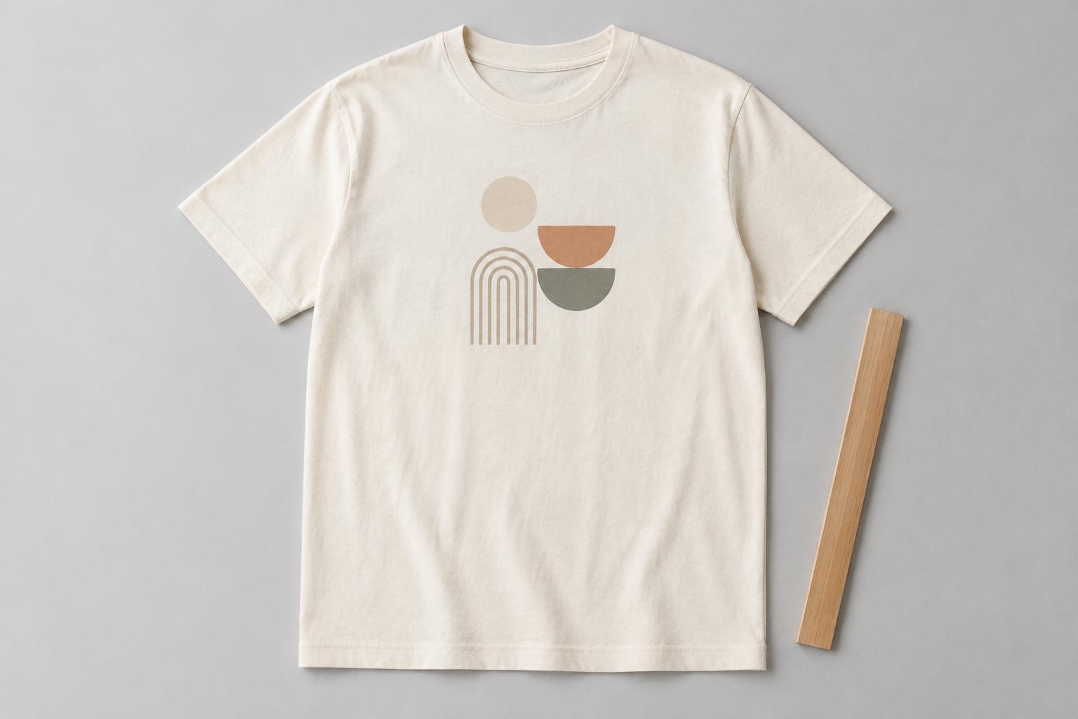 เสื้อยืดสีครีมวางบนโต๊ะ มีลายสกรีนเรียบๆ ตรงกลางอก แสดงตำแหน่งลายที่เหมาะสม