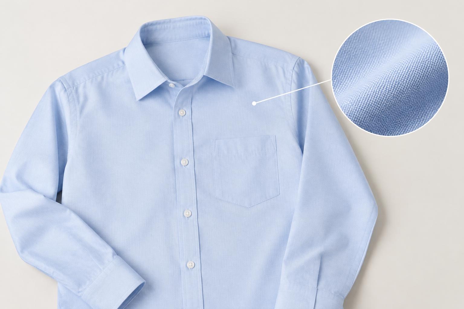 เสื้อเชิ้ตสีฟ้าอ่อนวางเรียบ มีวงกลมซูมโชว์ลายทอและพื้นผิวผ้า