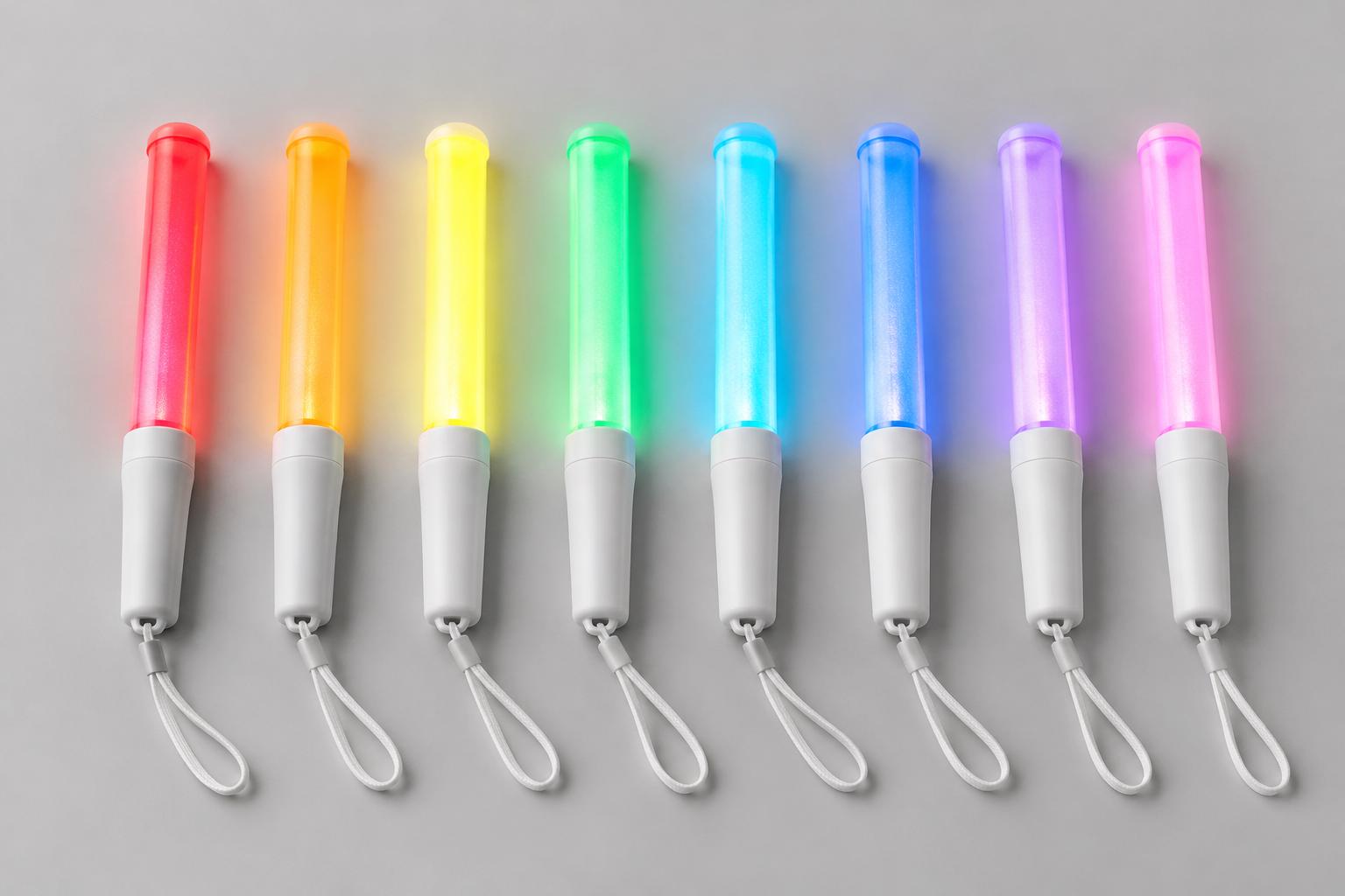แท่งไฟ LED หลายสีเรียงกันบนพื้นเรียบ แสดงตัวเลือกสีไฟสำหรับงานอีเวนต์